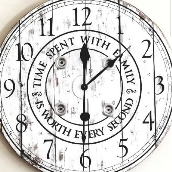 Wall Clock Large Round Wood Spool with Stenciled Text Rustic Decor