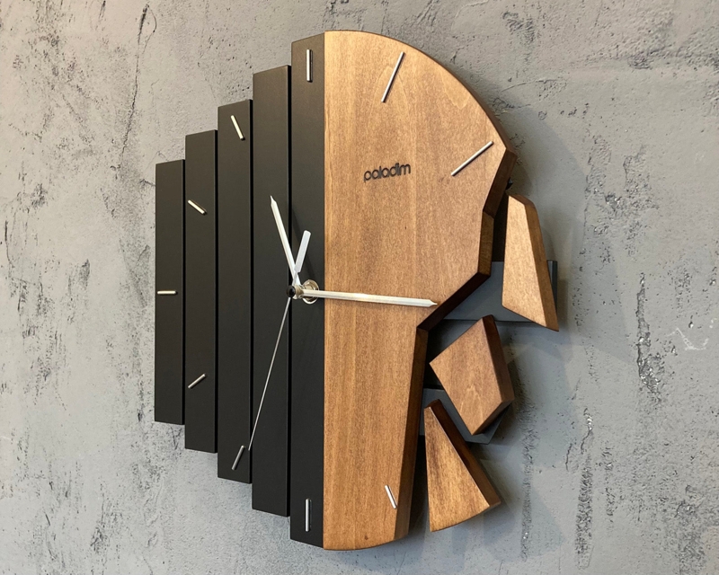 Wall Clock Layered Geometric Blocks Sculptural Wood-Toned Wall Art