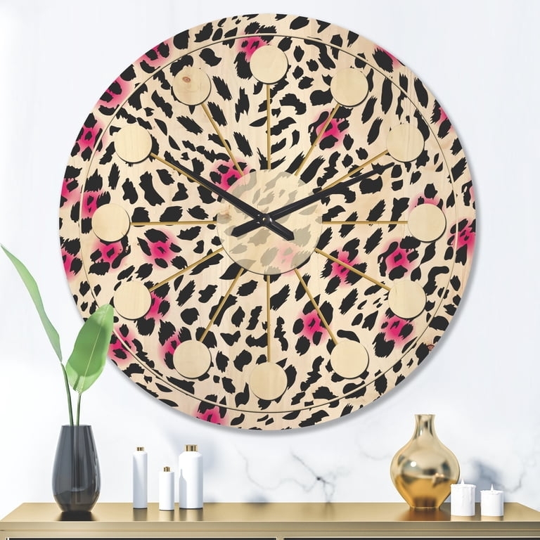 Wall Clock Leopard Print Wood Grain Mid-Century Style