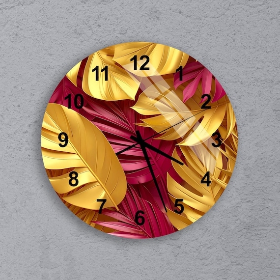 Wall Clock Magenta Botanical Leaf Motif Tempered Glass