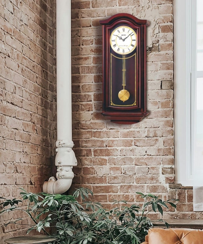 Wall Clock Mahogany Casing Scrollwork Glass Pendulum Traditional Decor