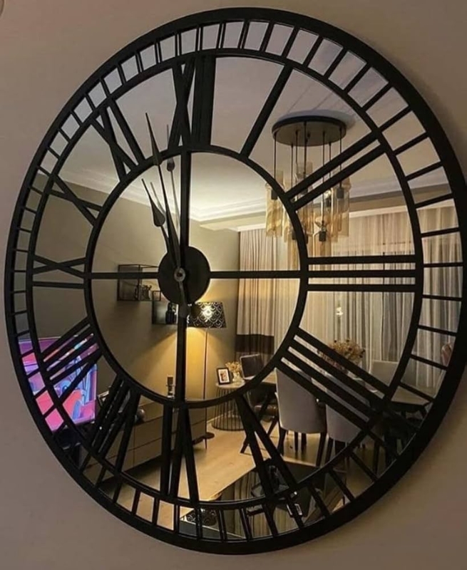 Wall Clock Matte Black Rim Mirrored Face Roman Numerals Modern