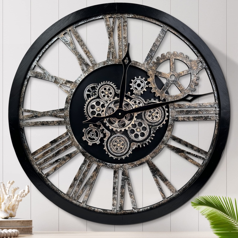 Wall Clock Metallic Gold Frame Oversized Black Roman Numerals Open Face