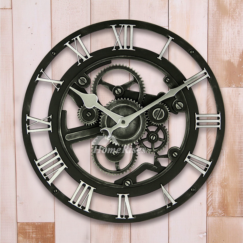 Wall Clock Metallic Silver Finish Exposed Gears Skeleton Frame Industrial