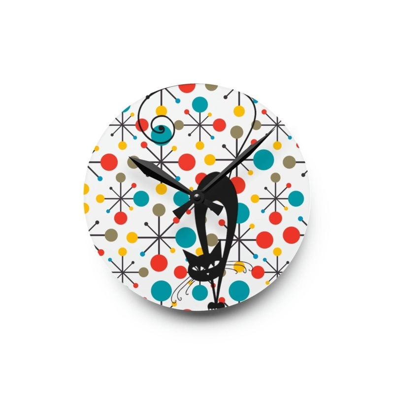 Wall Clock Mid-Century Modern Cat Silhouette with Gold Starburst