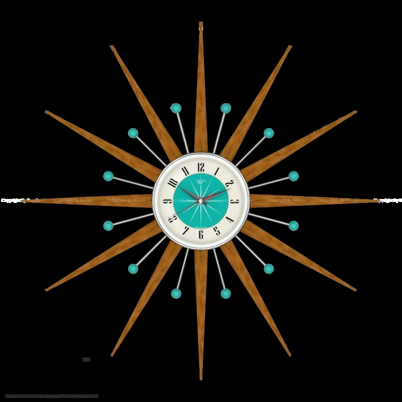 Wall Clock Mid Century Modern Starburst Turquoise Center Wood Metal Rays