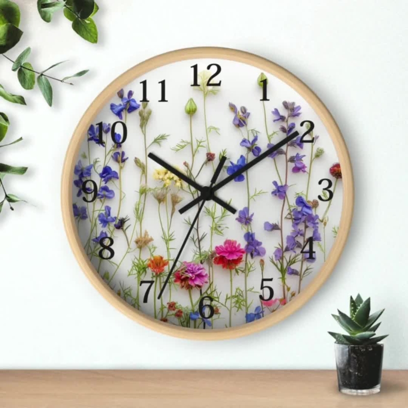 Wall Clock, Minimalist Floral Line Art Markers, Gold Hands