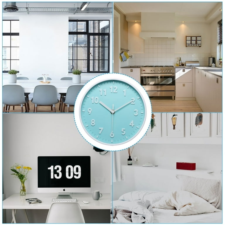 Wall Clock, Minimalist Light Blue Round Frame, Embossed 3D Numbers