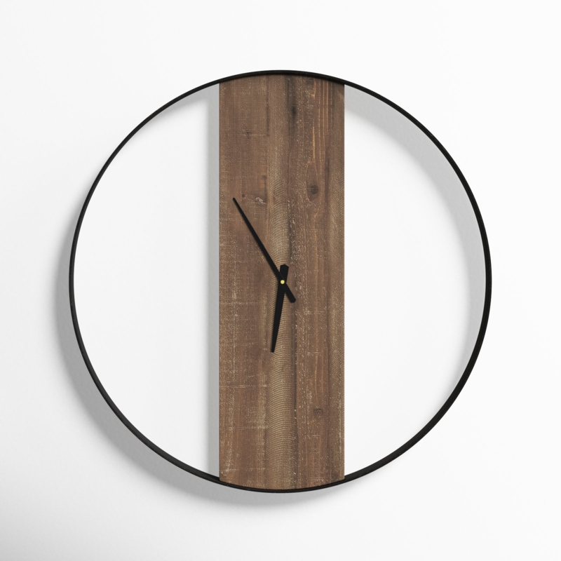 Wall Clock Minimalist Vertical Wood Panel Black Metal Frame Industrial