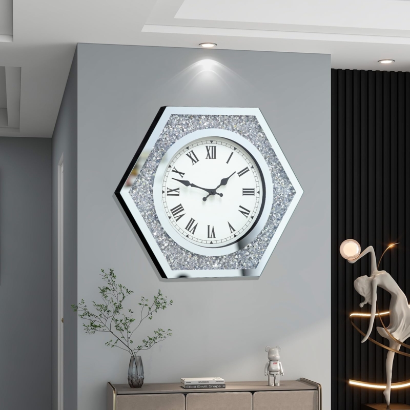 Wall Clock Mirrored Border Crushed Crystal Roman Numerals Glam Decor