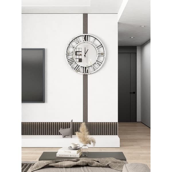 Wall Clock Mirrored Face Textured Silver Frame Glam Style Analog Decor