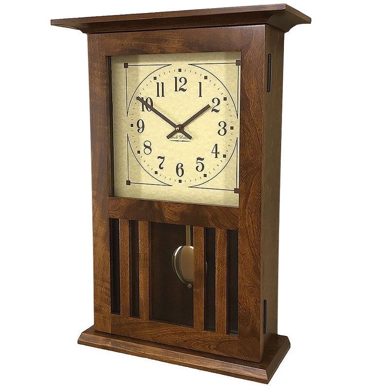 Wall Clock, Mission Style Cherry Wood, Slatted Sides with Pendulum