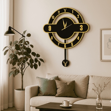 Wall Clock Modern Deer Silhouette with Gold Pendulum & Numerals