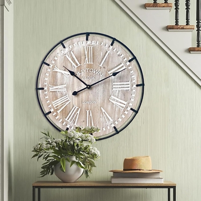 Wall Clock Modern Farmhouse Mixed Material Wood-Toned Planks