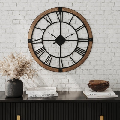 Wall Clock, Modern Farmhouse with Wood-Toned Frame and Black Dial
