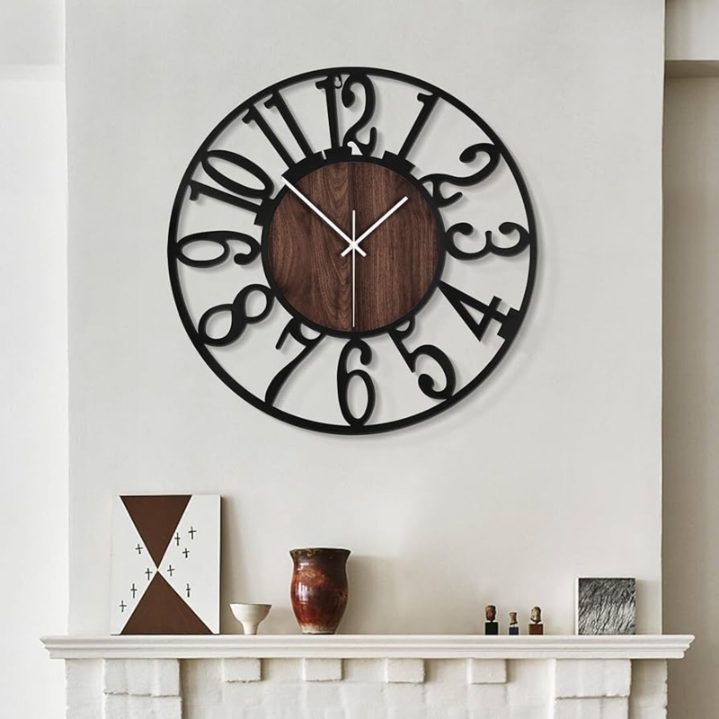 Wall Clock Modern Farmhouse Wood Toned Face Bold Black Numerals