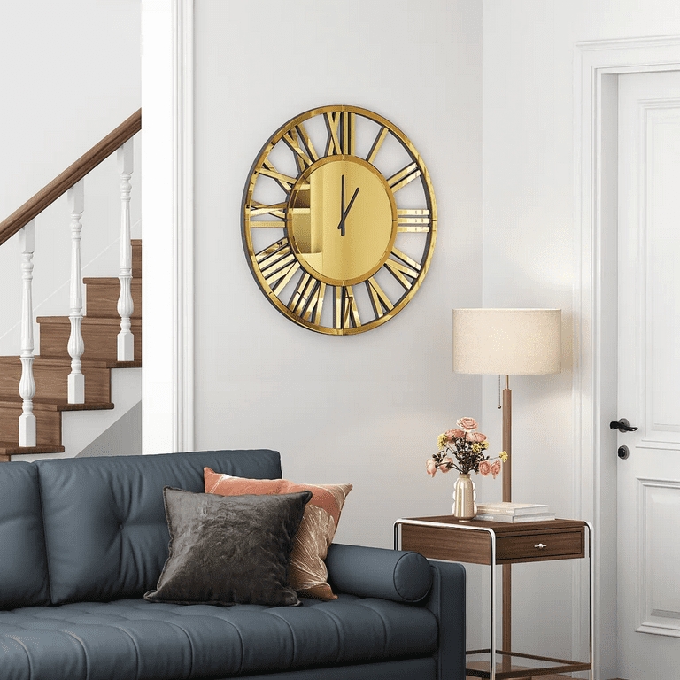 Wall Clock Modern Gold Sunburst Radial Geometric Frame Mirrored Face