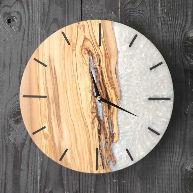 Wall Clock, Modern Olive Wood and Blue Epoxy Resin Inlay, Live Edge
