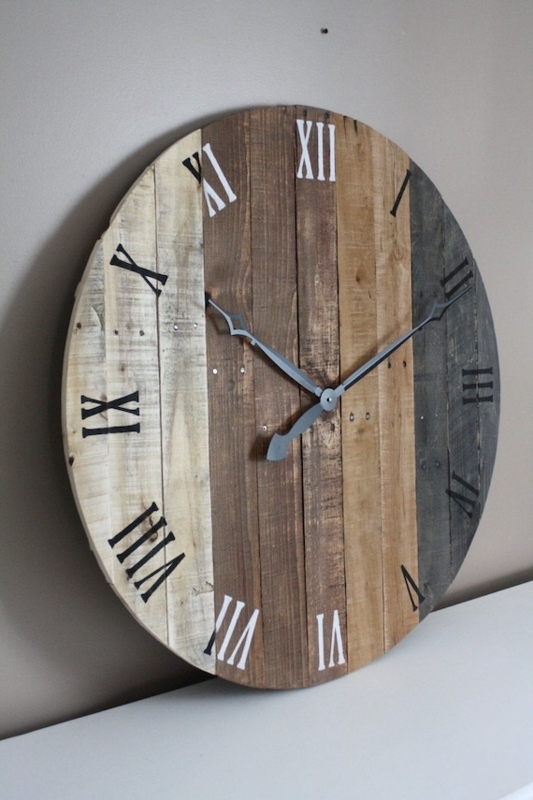 Wall Clock, Modern Rustic Multi-Tonal Wood Planks, White Numerals