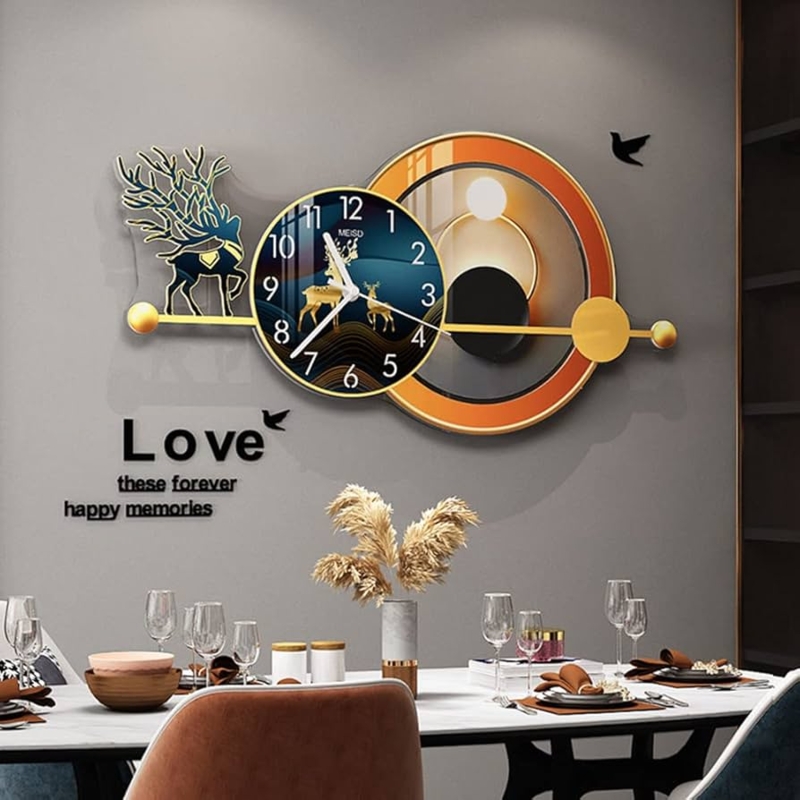 Wall Clock Modern Vertical Art with Blue Orange & Gold Hands
