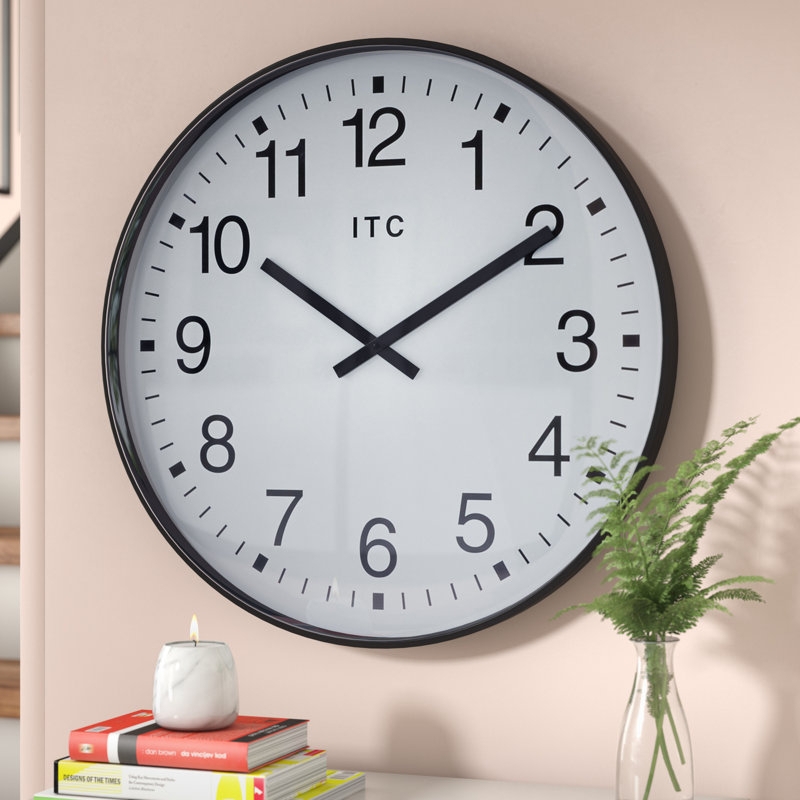 Wall Clock, Monochrome Black Thin Bezel, Large 19 Inch Round Frame