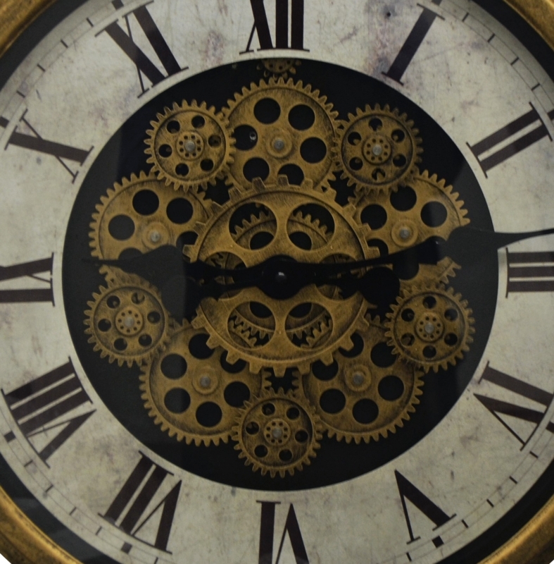 Wall Clock Moving Gears Antique Gold Roman Numerals Industrial