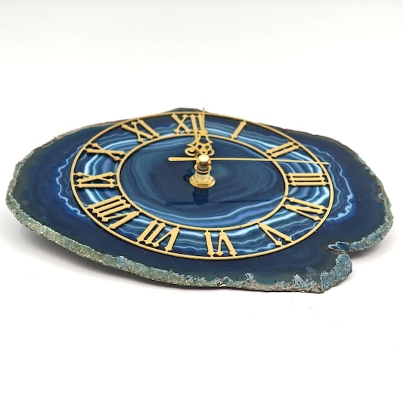 Wall Clock Natural Blue Agate Slab Irregular Silhouette Gold