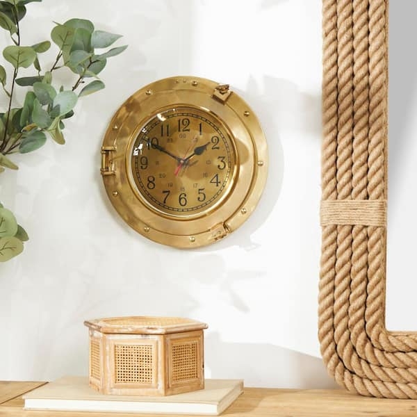 Wall Clock Nautical Porthole Frame Wingnut Fasteners Gold Finish