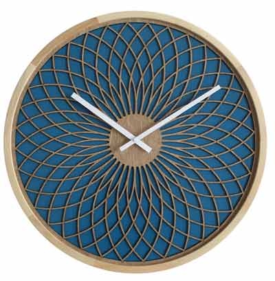 Wall Clock Navy Blue Dial Wood Toned Rim Baton Hour Markers Minimalist