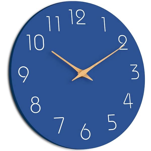 Wall Clock Navy Blue Face Raised Numerals Wood Toned Frame Matte