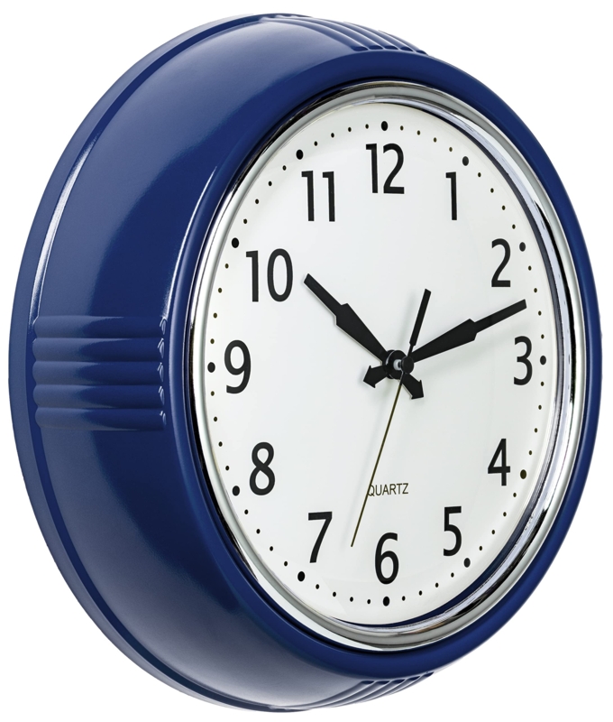 Wall Clock Navy Blue Frame Convex Lens Mid-Century Office Decor