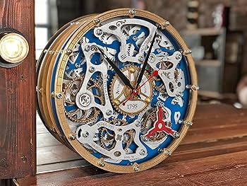 Wall Clock Navy Blue Ring Wood Gears Laser Cut Steampunk Decor