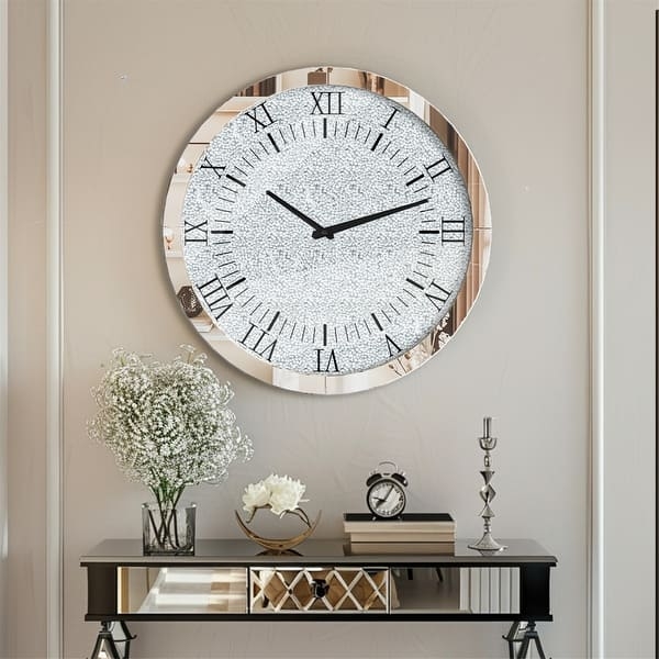 Wall Clock Numberless Face Crushed Diamond Inlay Mirrored Glam Decor