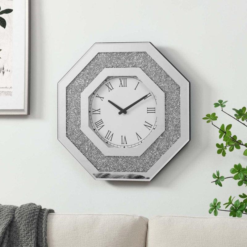 Wall Clock Octagonal Crushed Gemstone Mirrored Roman Numerals Glam
