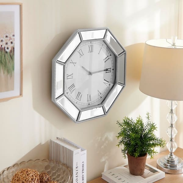 Wall Clock Octagonal Mirrored Silver Beaded Glass Trim