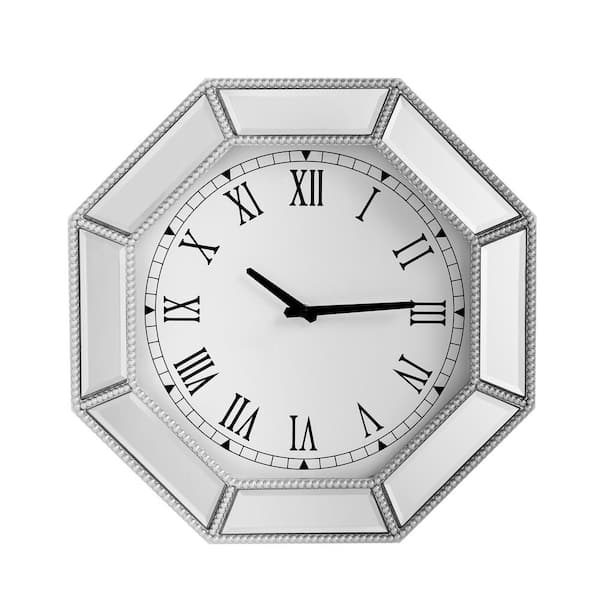 Wall Clock Octagonal Mirrored Silver Beaded Trim Roman Numerals