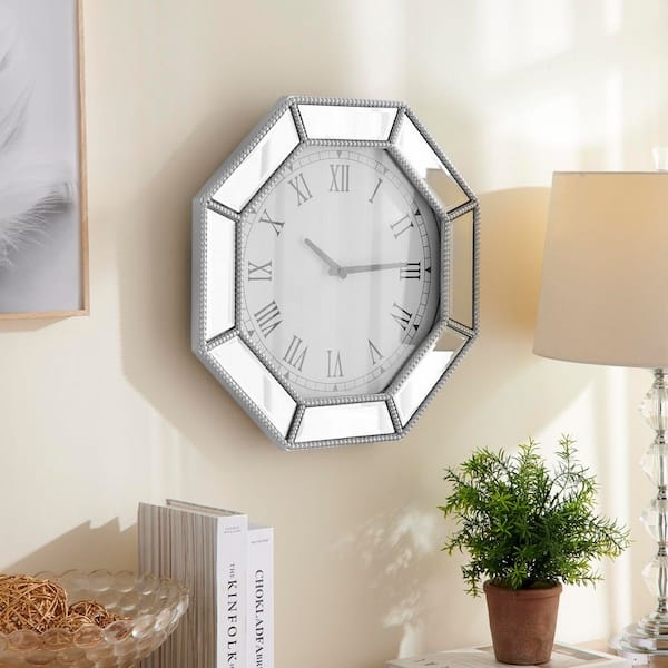 Wall Clock Octagonal Shape Mirrored Glass Silver Beaded Trim