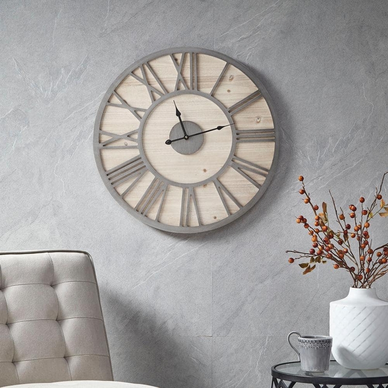 Wall Clock Open Metal Frame Slatted Wood Face Industrial Style