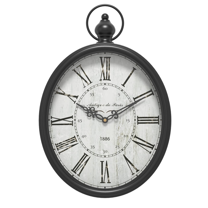 Wall Clock Oval Shape Hanging Loop Roman Numerals Vintage Style