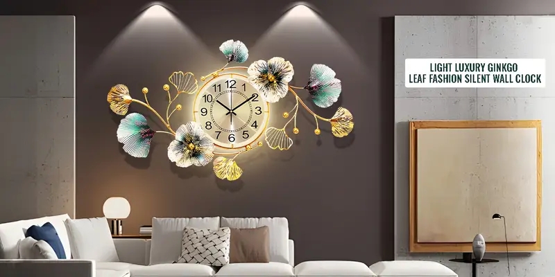 Wall Clock Oversized Backlit Decor Ginkgo Leaf Sculptural Metal