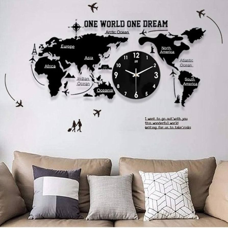 Wall Clock Oversized Black World Map Silhouette Matte Finish