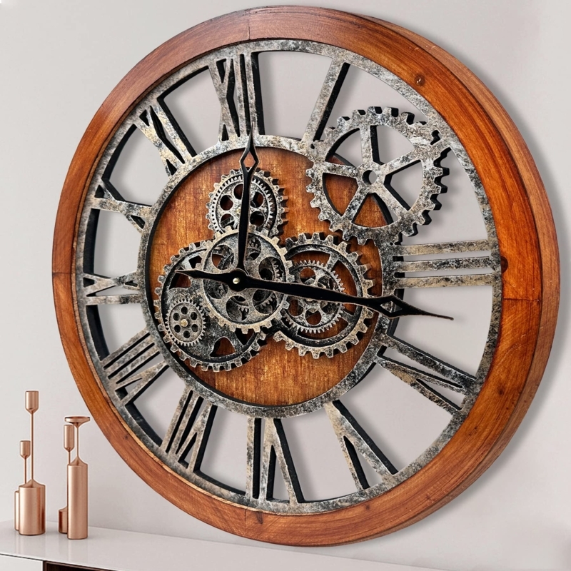 Wall Clock Oversized Bronze Metal Exposed Gears Wood Ring
