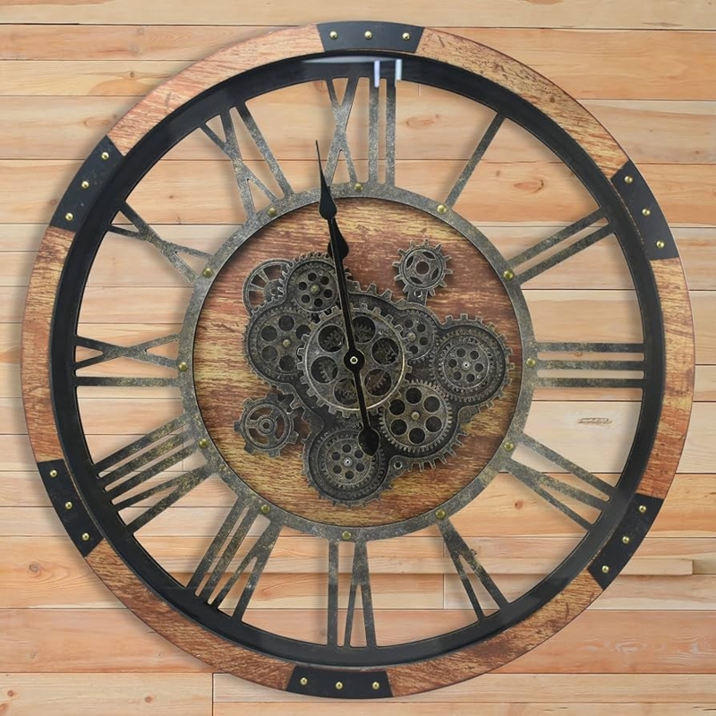 Wall Clock Oversized Distressed Wood Frame Moving Gears Bronze Farmhouse
