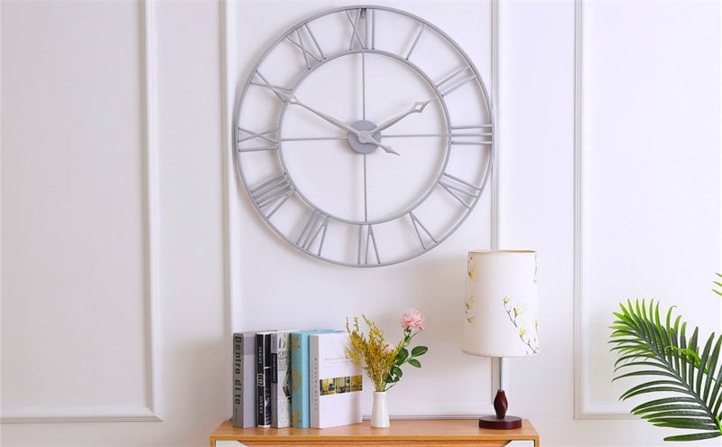 Wall Clock Oversized Matte Grey Open Frame Roman Numeral Decor