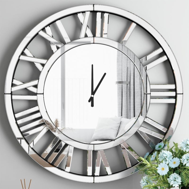 Wall Clock Oversized Mirrored Finish Roman Numerals Round Silhouette