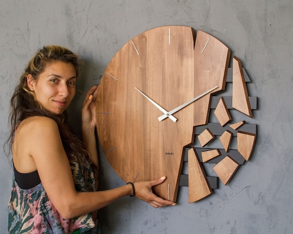 Wall Clock Oversized Shattered Design Deconstructed Wood Roman