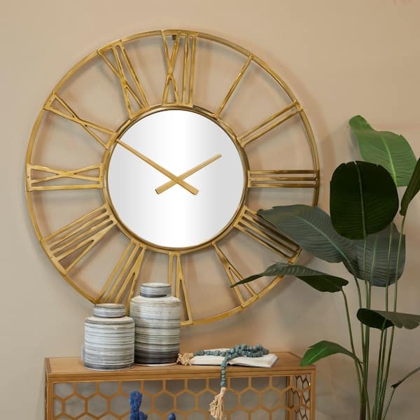 Wall Clock Oversized Square Metallic Geometric Frame Mirrored Center
