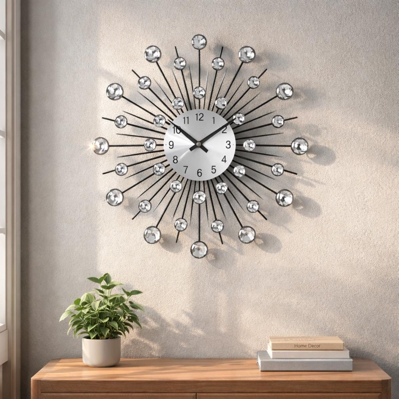 Wall Clock Oversized Sunburst Crystal Accents Silver White