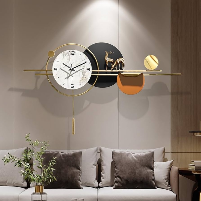 Wall Clock Pendulum Asymmetrical Silhouette Leafy Motif Gold