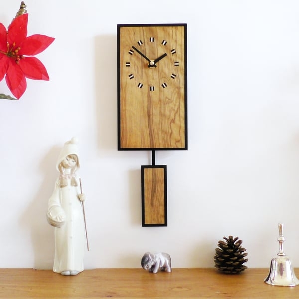 Wall Clock Pendulum Inlaid Wood Detail Mid-Century Natural